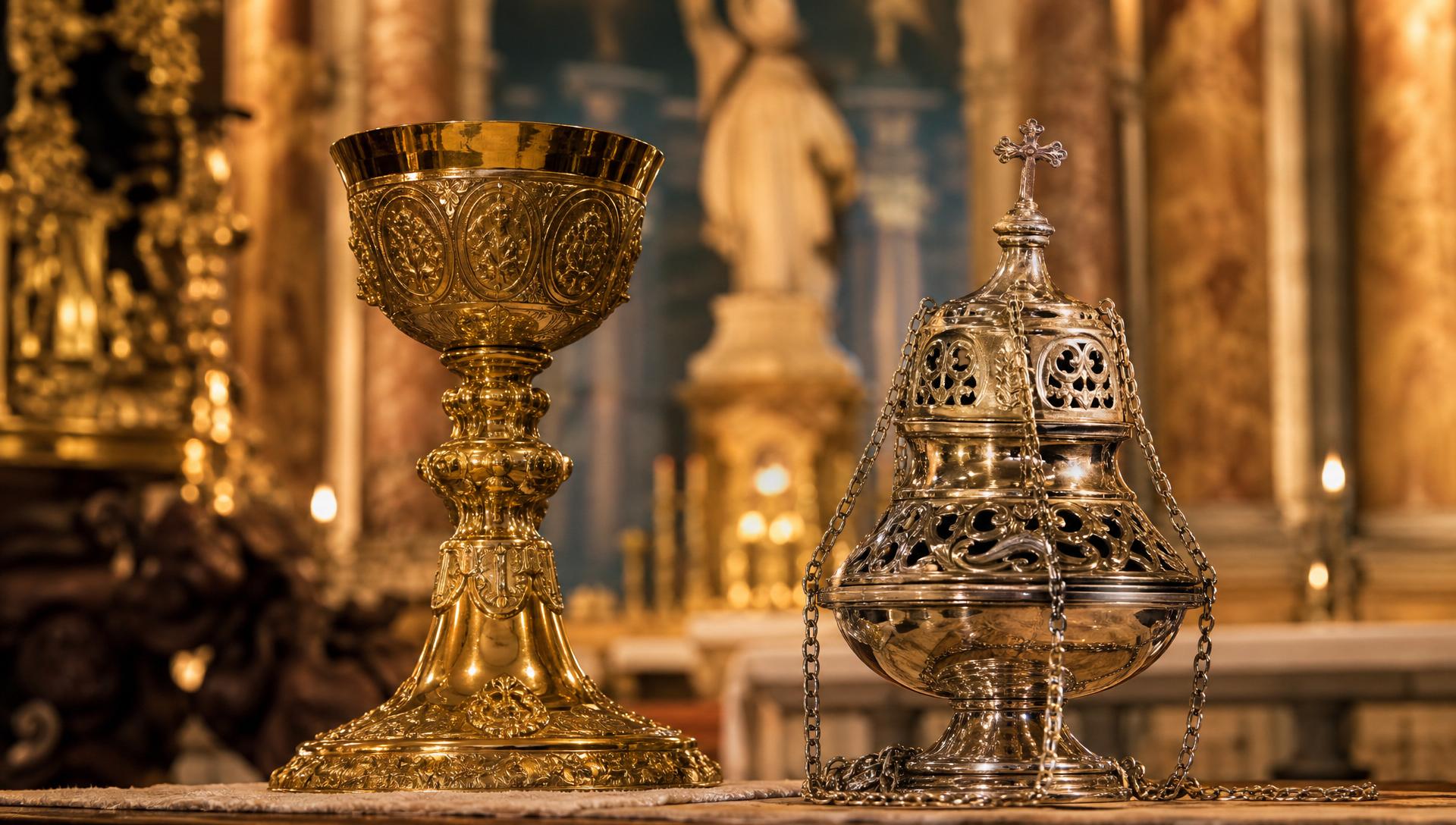 Altare della chiesa con calice e turibolo in primo piano
